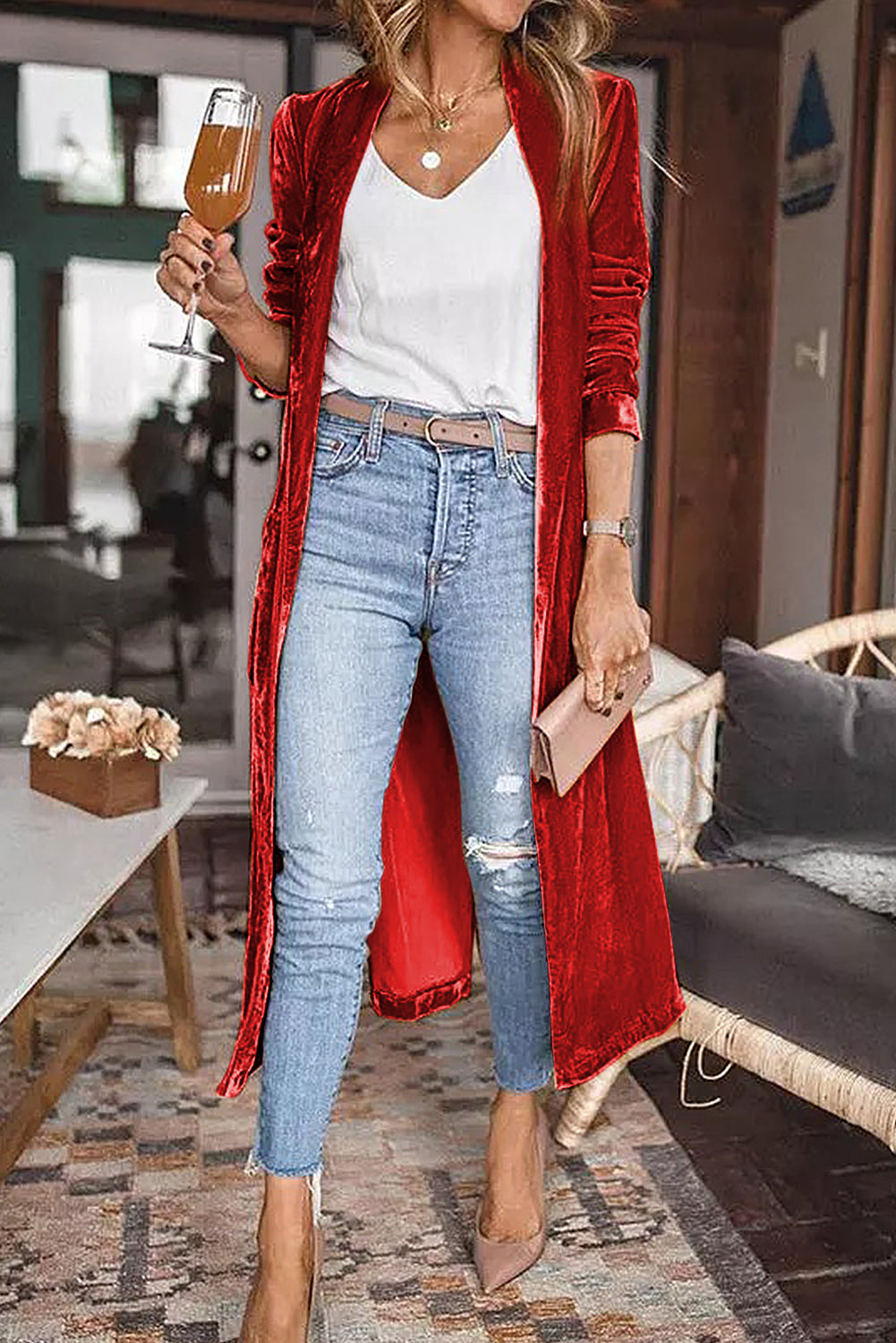 Red Velvet Open Front Pocketed Long Sweater Duster La La s Chic Boutique