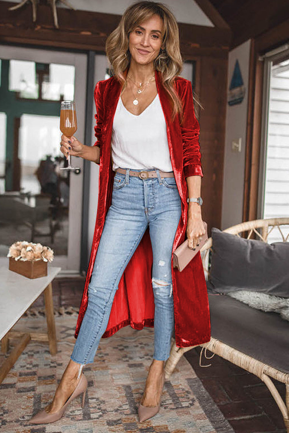 Red Velvet Open Front Pocketed Long Sweater Duster