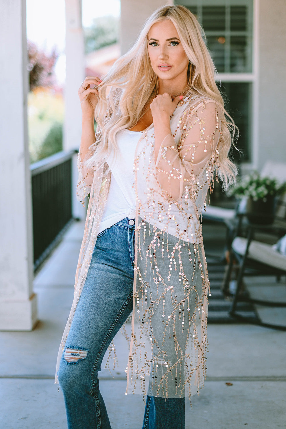 White with Gold Sequin Kimono