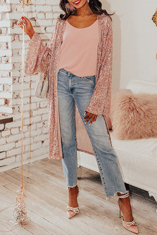 Pink Flare Sleeve Open Front Sequin Kimono