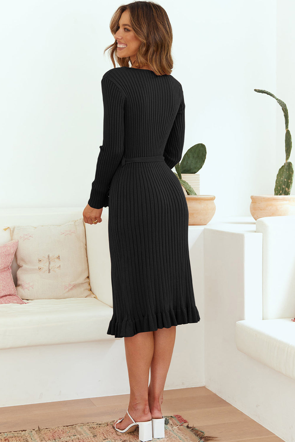 Black Ribbed V-Neck Belted Frilled Elegant Sweater Dress