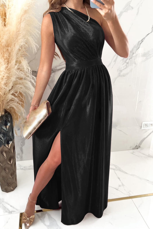 Black Shiny Velvet One Shoulder Long Split Cocktail Dress