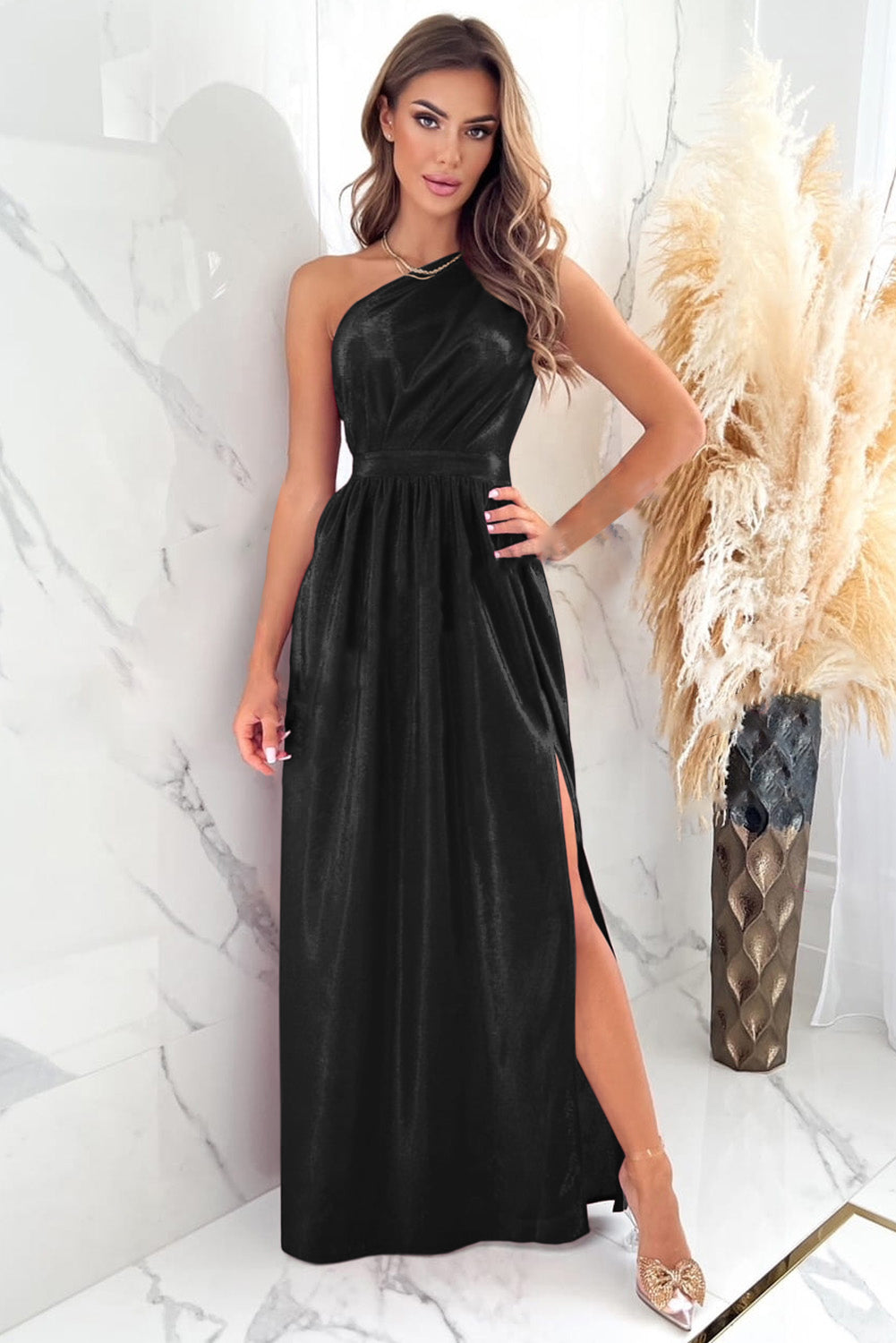 Black Shiny Velvet One Shoulder Long Split Cocktail Dress