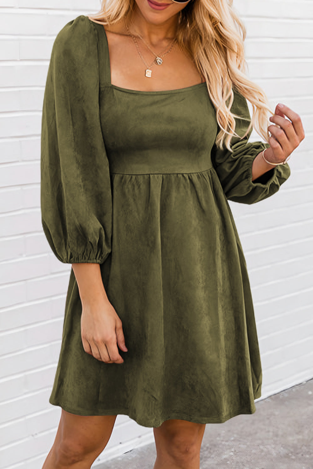 Pickle Green Suede Square Neck Puff Sleeve Dress