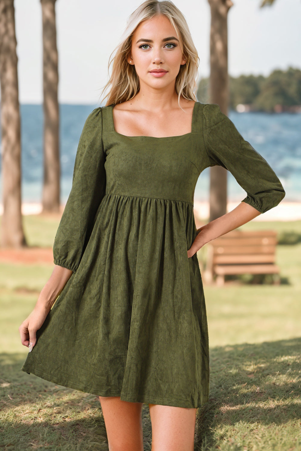 Pickle Green Suede Square Neck Puff Sleeve Dress