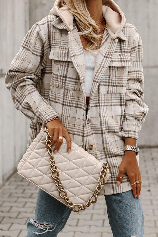 Khaki Plaid Removable Hood Shacket