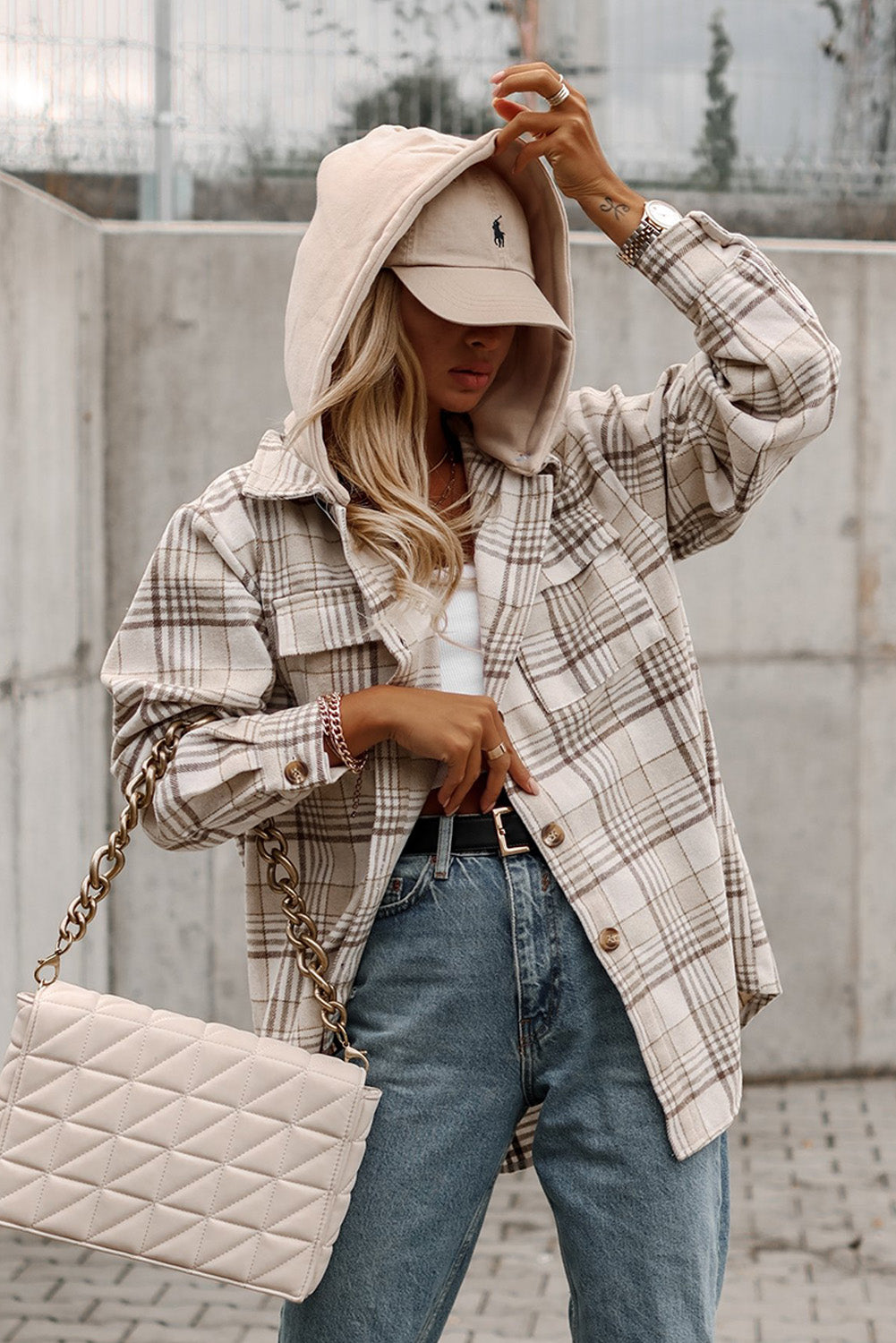 Khaki Plaid Removable Hood Shacket