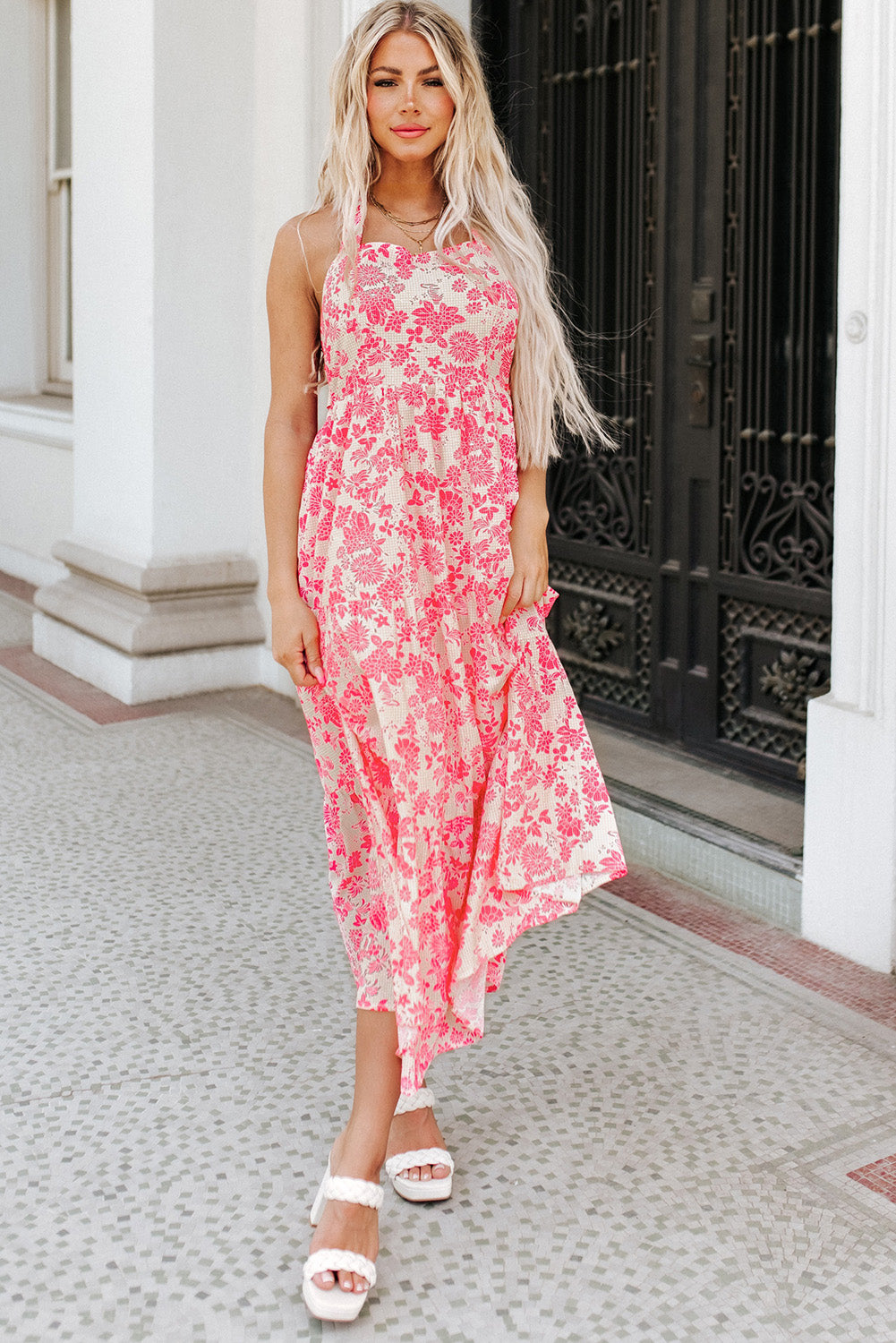 Pink Gingham Floral Maxi Dress