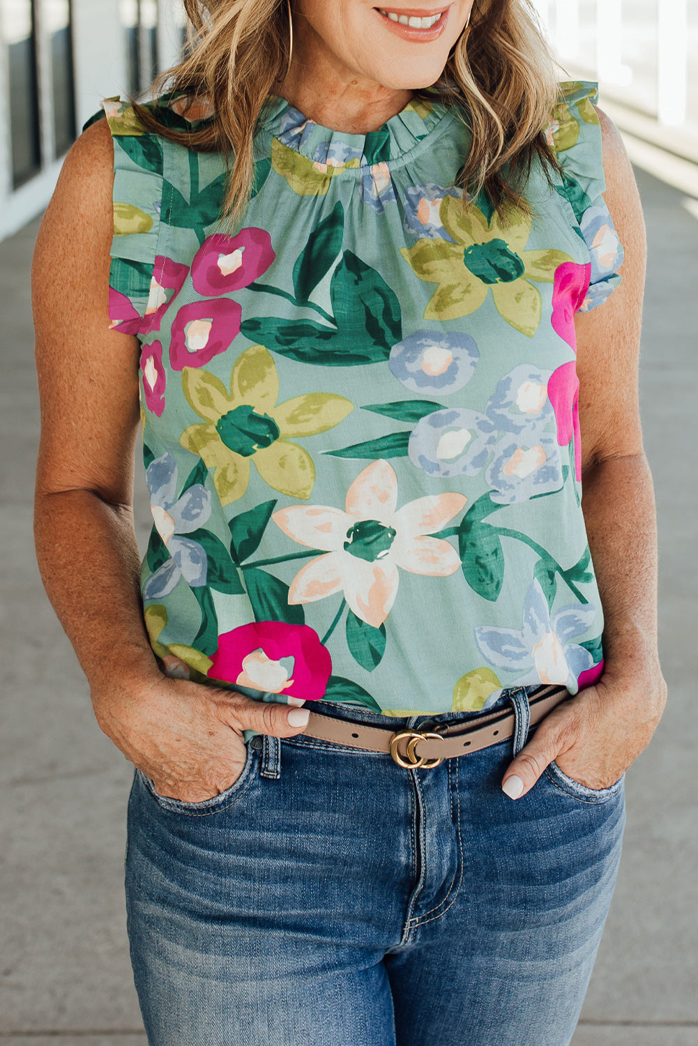 Green Floral Print Tank Top