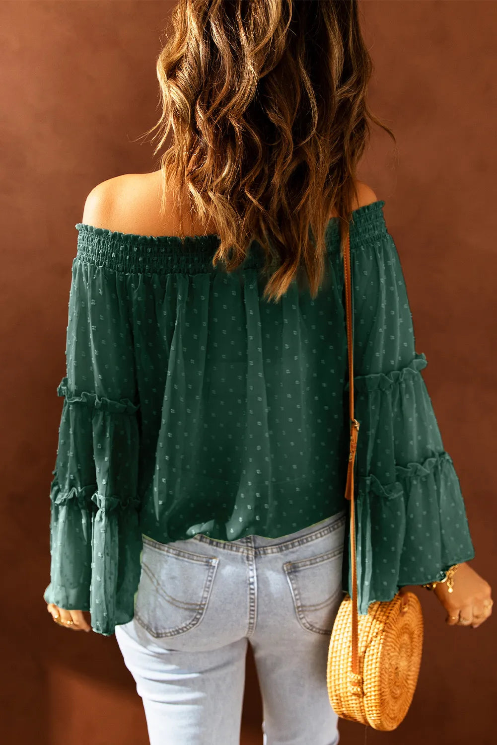 Dark Green Swiss Dot Off The Shoulder Top