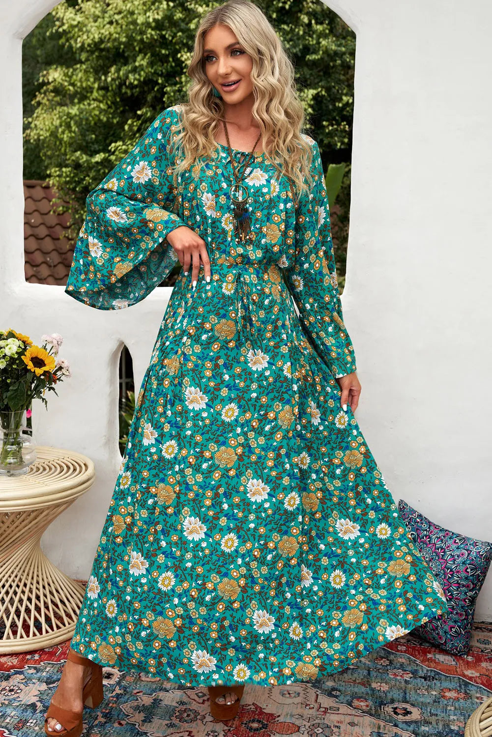 Green Boho Floral Bell Sleeve Top and Maxi Skirt Set