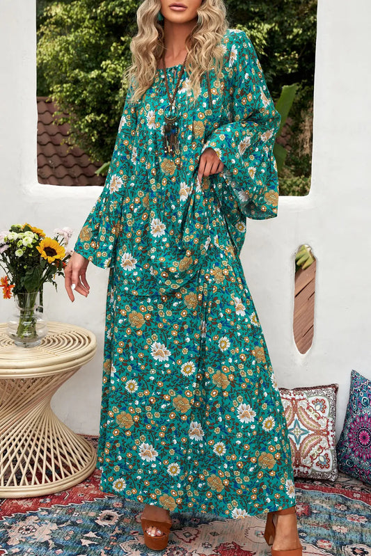 Green Boho Floral Bell Sleeve Top and Maxi Skirt Set