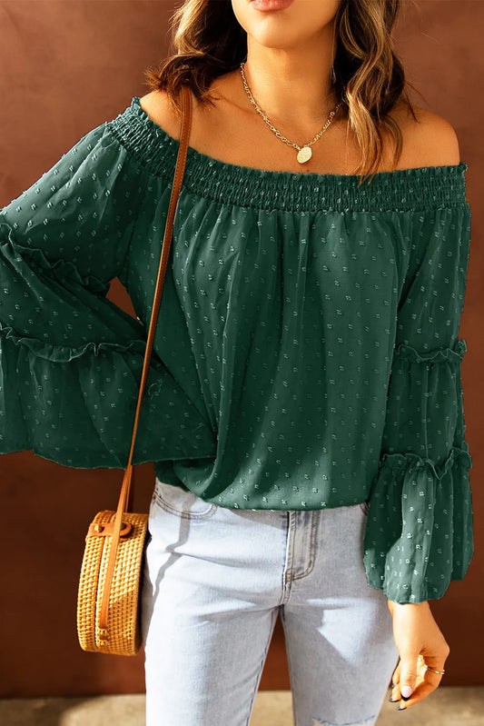 Dark Green Swiss Dot Off The Shoulder Top