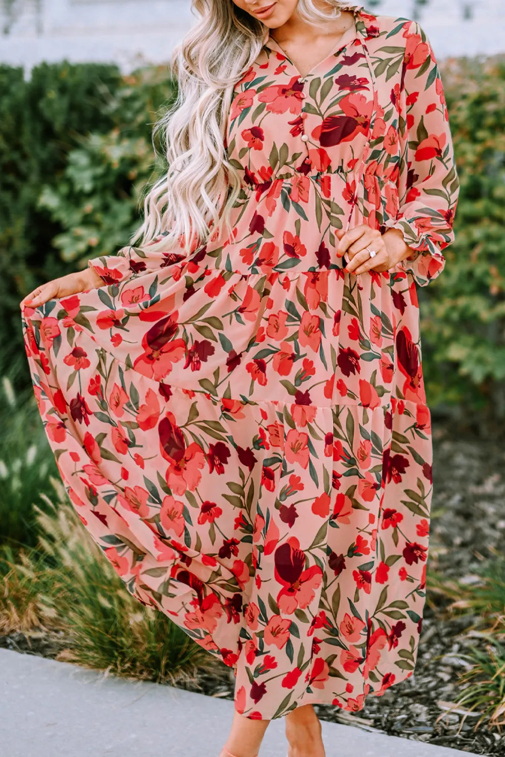 Red Frilled Collar Long Sleeve Maxi Floral Dress