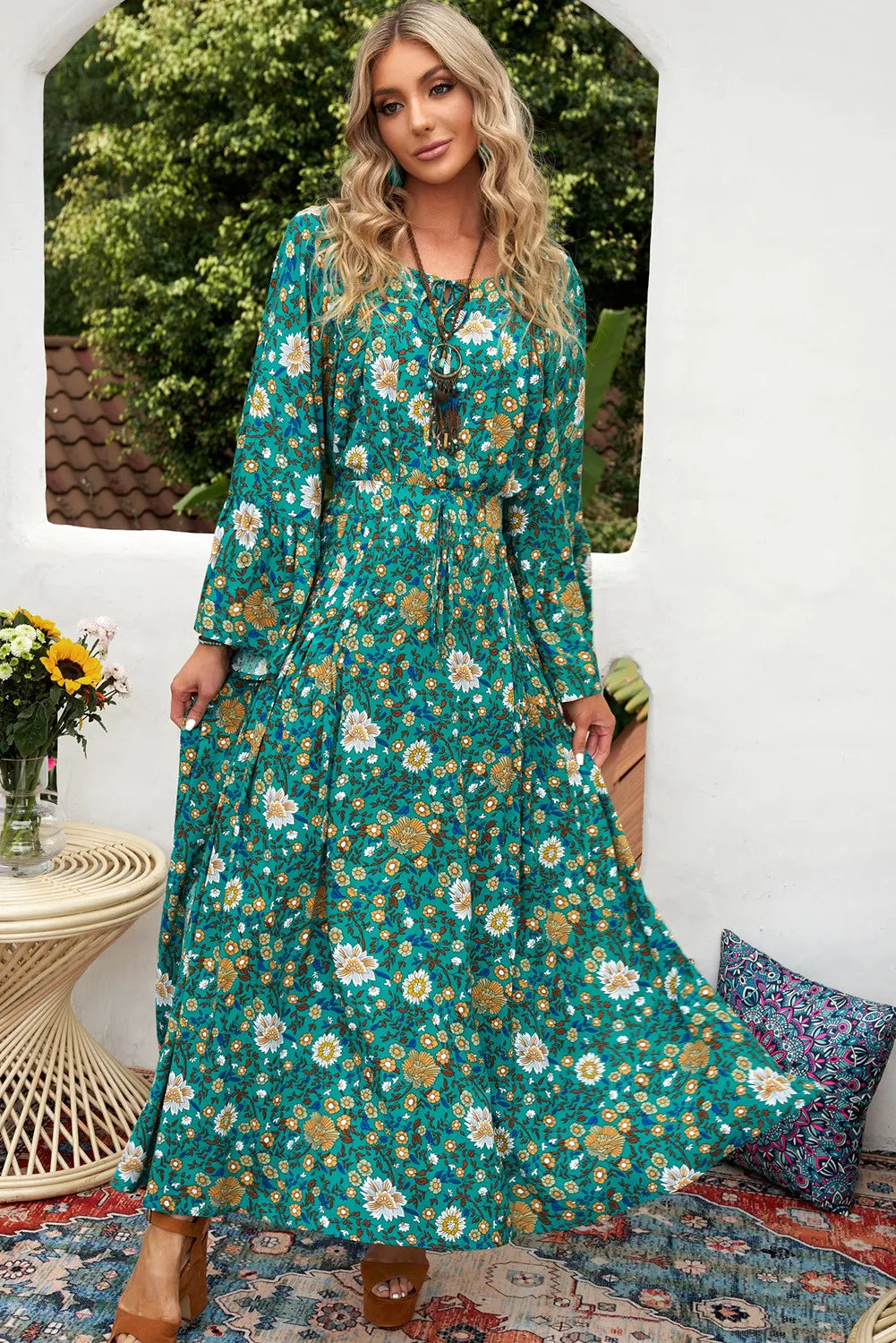 Green Boho Floral Bell Sleeve Top and Maxi Skirt Set