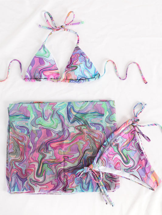 Conjunto de bikini de tres piezas Rainbow Swirls con falda cruzada