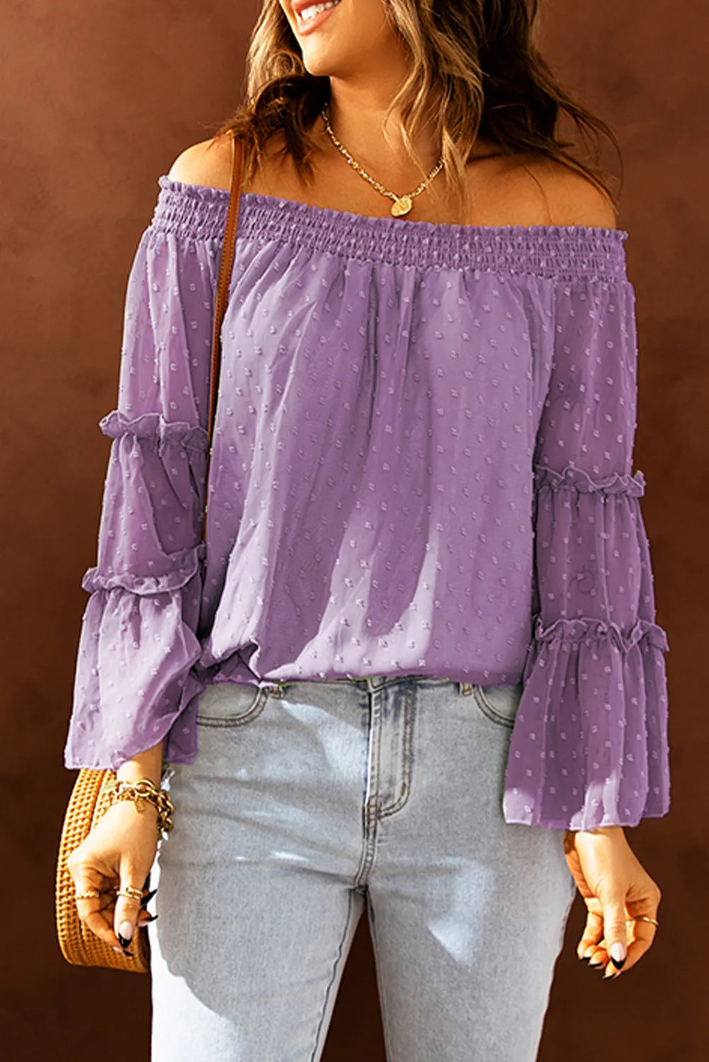 Purple or Black Swiss Dot Off The Shoulder Top