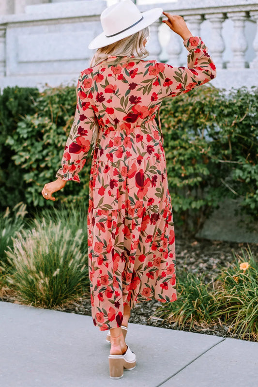 Red Frilled Collar Long Sleeve Maxi Floral Dress